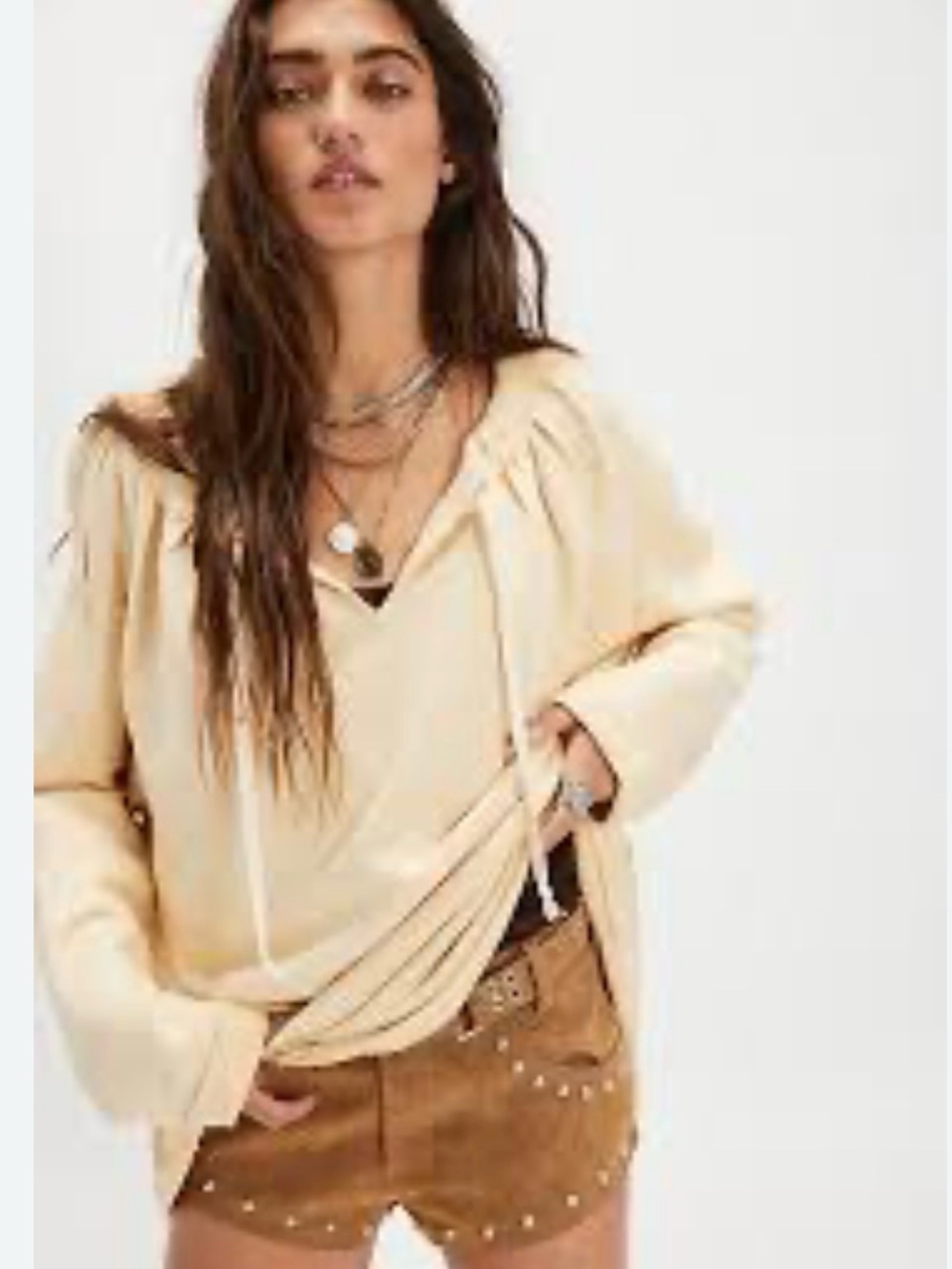 Free People Sweatshirt Picnic Blouse Women's Cream Tie-Neck Long Sleeve Top